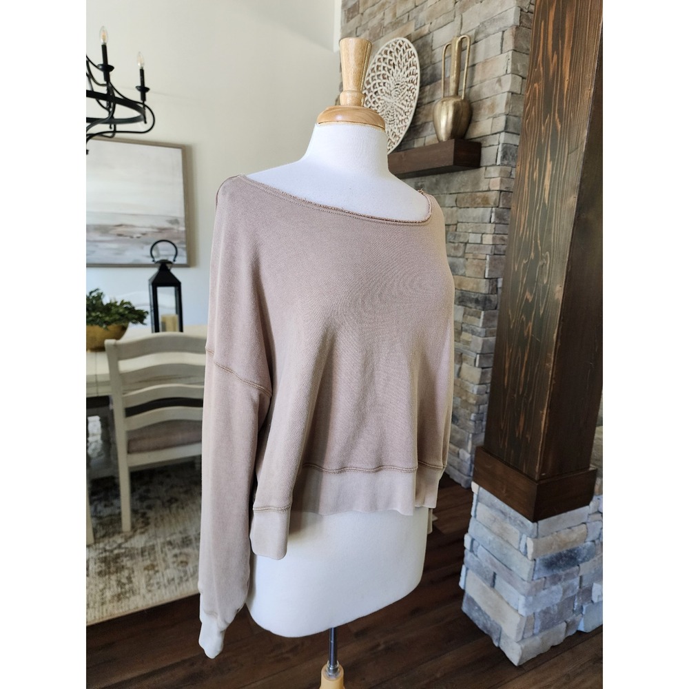 Aerie XS Cropped Sweatshirt Tan Beige Raw Edge Boat Neck Oversize Pullover